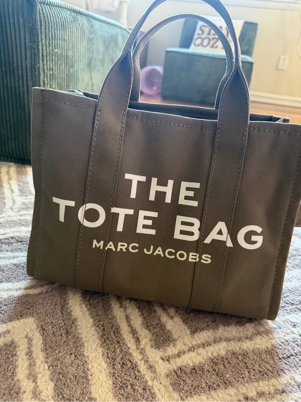 Marc Jacobs Olive Canvas The Tote Bag with White Logo. Size medium